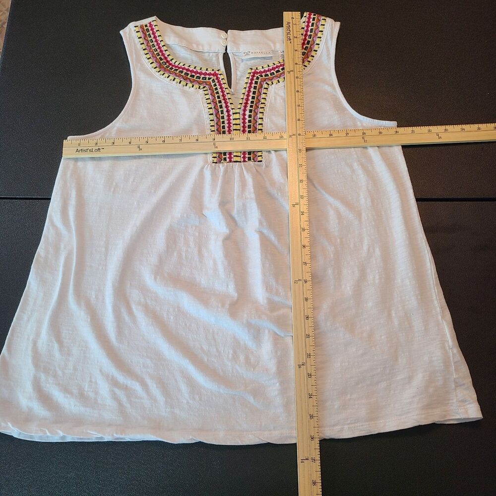 RAFAELLA White Slub Cotton Embroidered Tank Top L Boho Tribal Ethnic Beaded - Picture 6 of 7